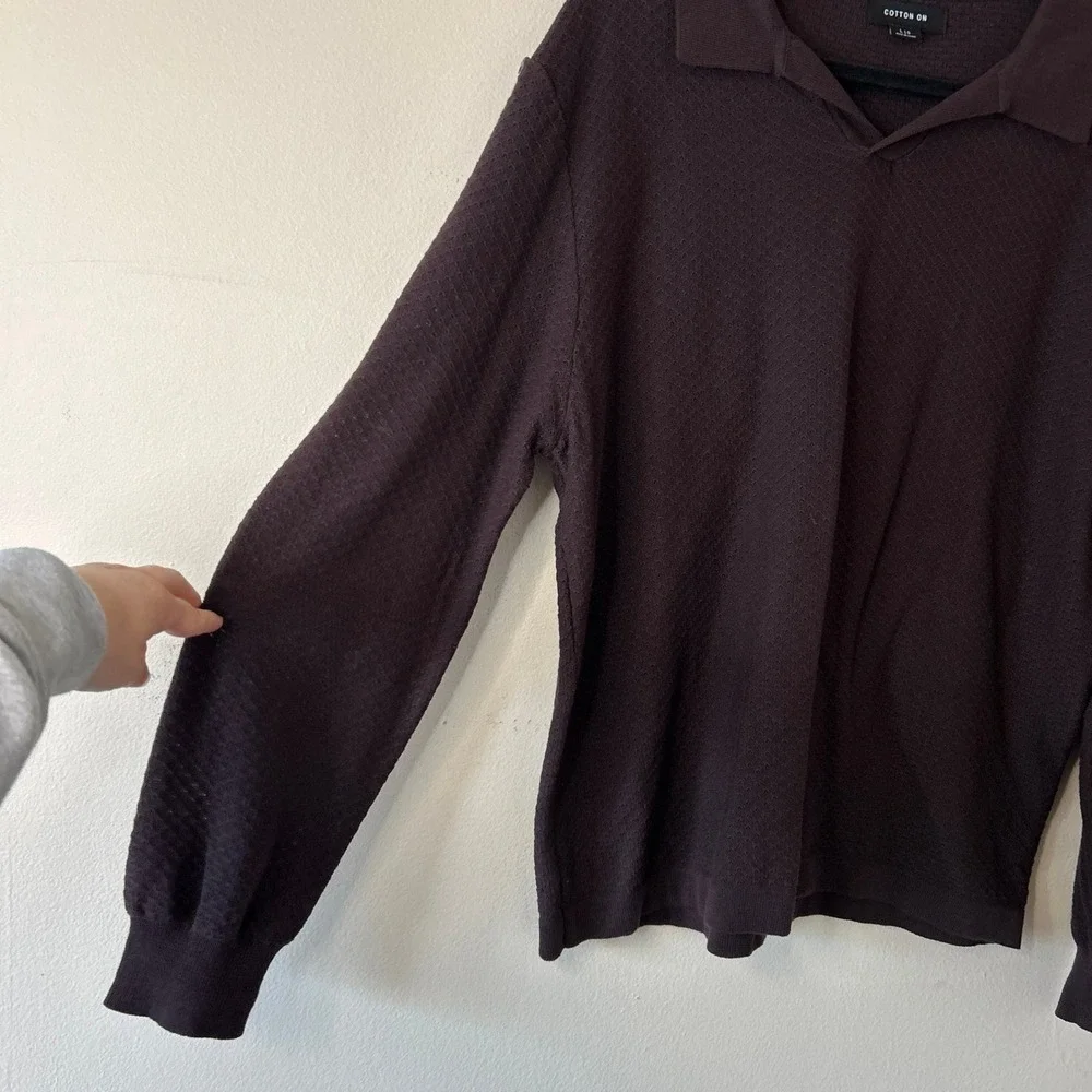 Cotton On‎ Men's Brown Cotton Textured Knit Long Sleeve Polo Sweater Large